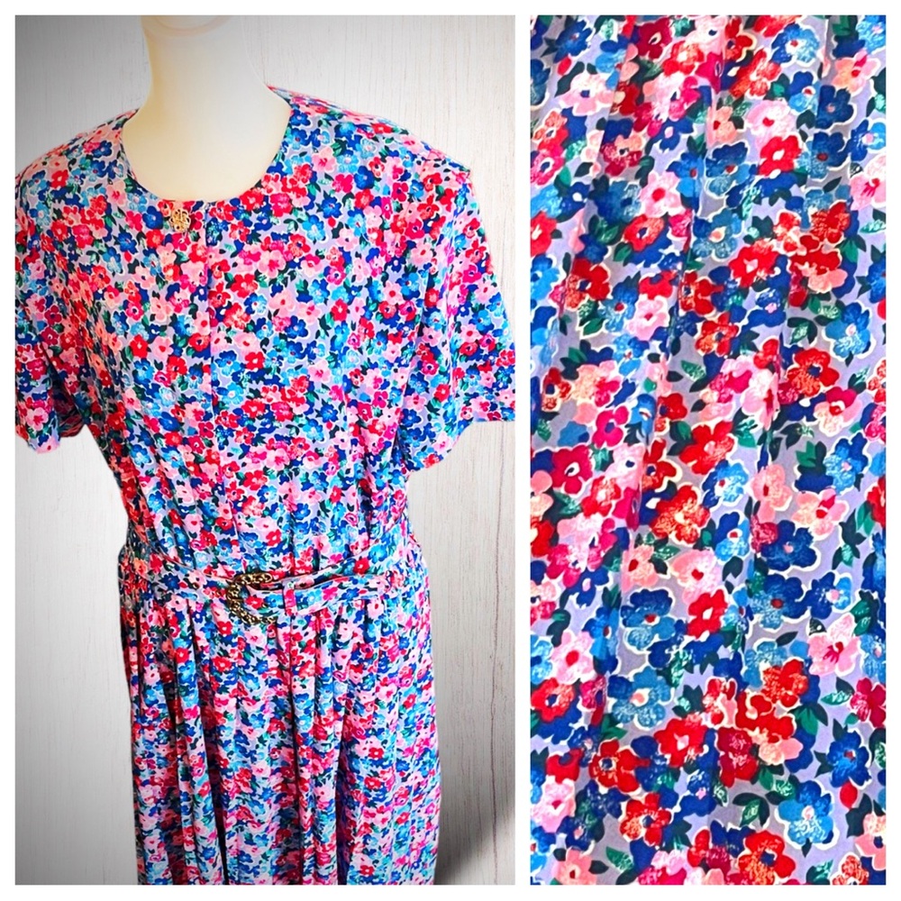 VTG Dainty Floral Print Button Up Belted Short Sleeve Pleated Skirt Dress | L